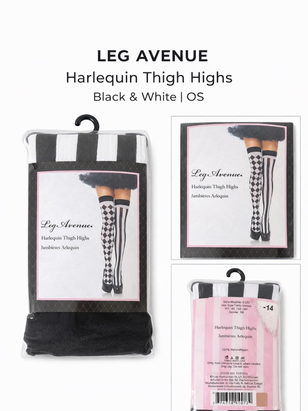 Leg Avenue Black & White Harlequin Mix Thigh Highs - Picture 2 of 2